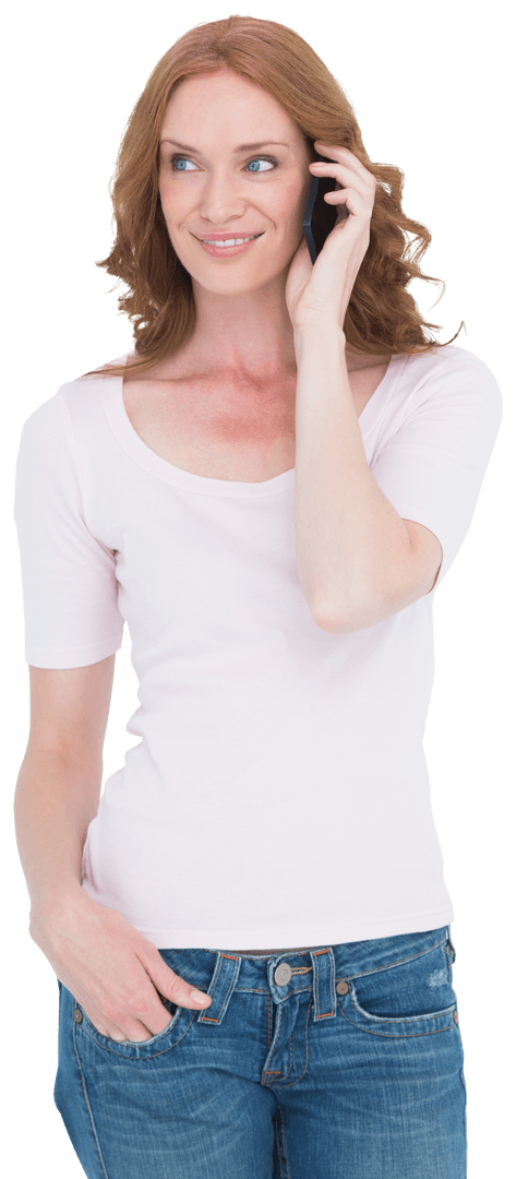 Confident Redhead Talking on Phone in Casual Attire with Jeans