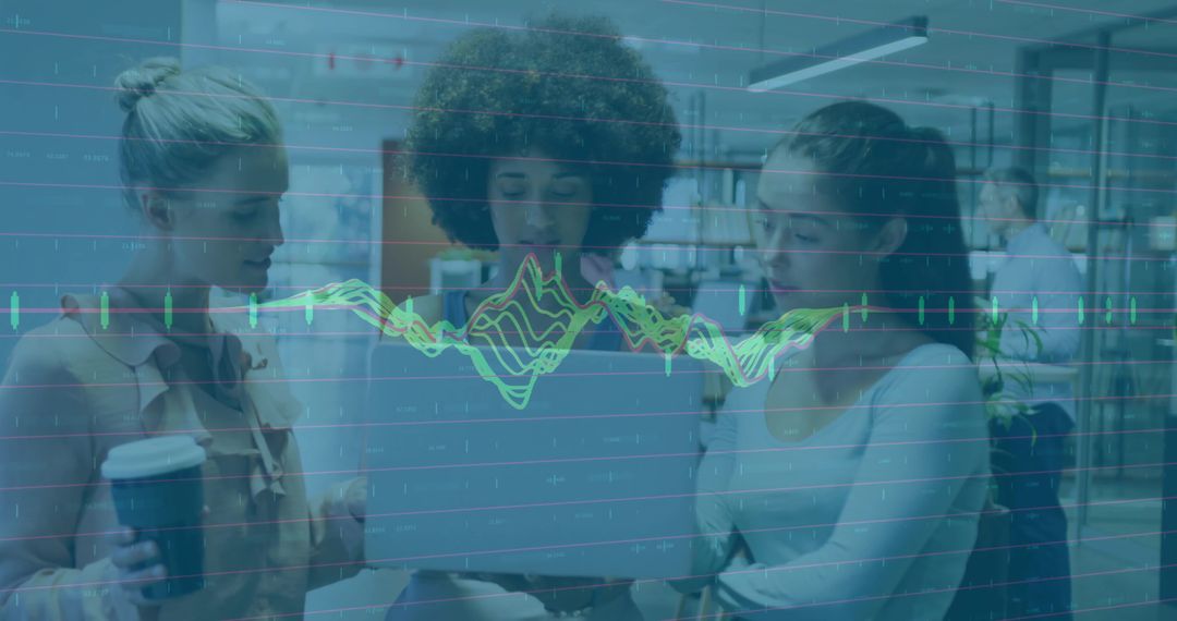 Office Collaboration Analyzing Laptop Data with Modern Digital Overlay