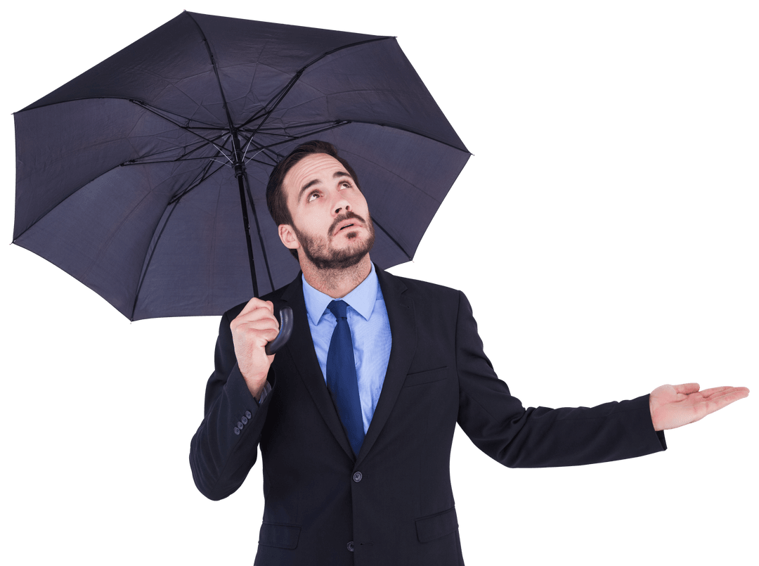 Transparent Businessman Holding Umbrella Looking Up in Curiosity