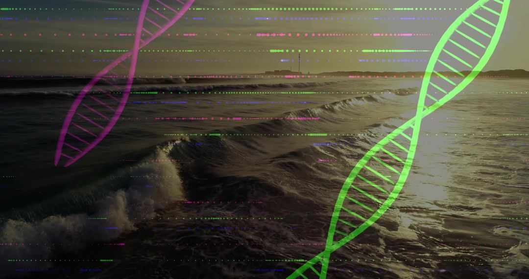 Sunset Ocean Waves Colliding with Neon DNA Helices and Digital Glitch Data Overlay