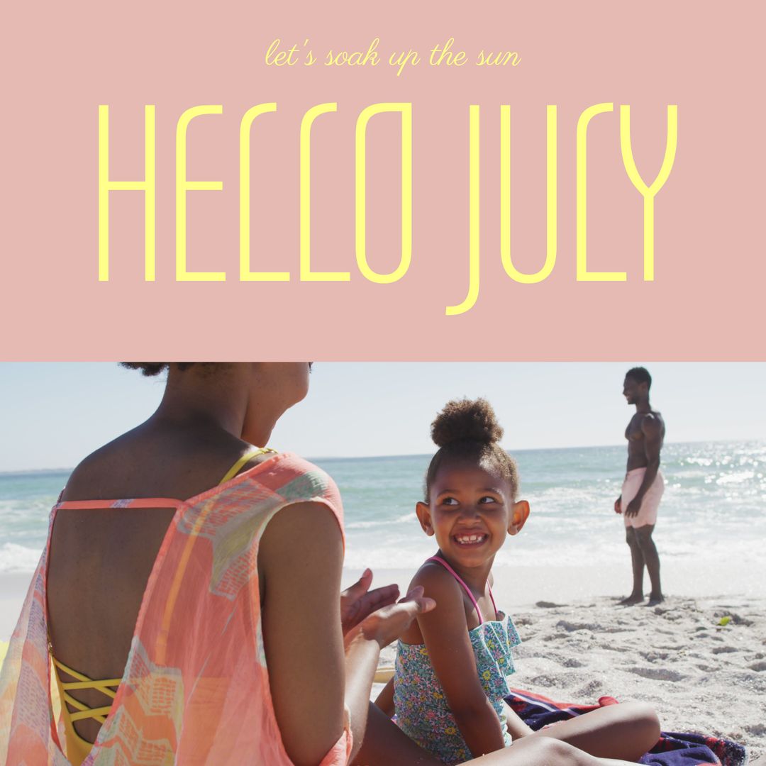 Family Beach Day in July with Smiling Child and Bright Sky