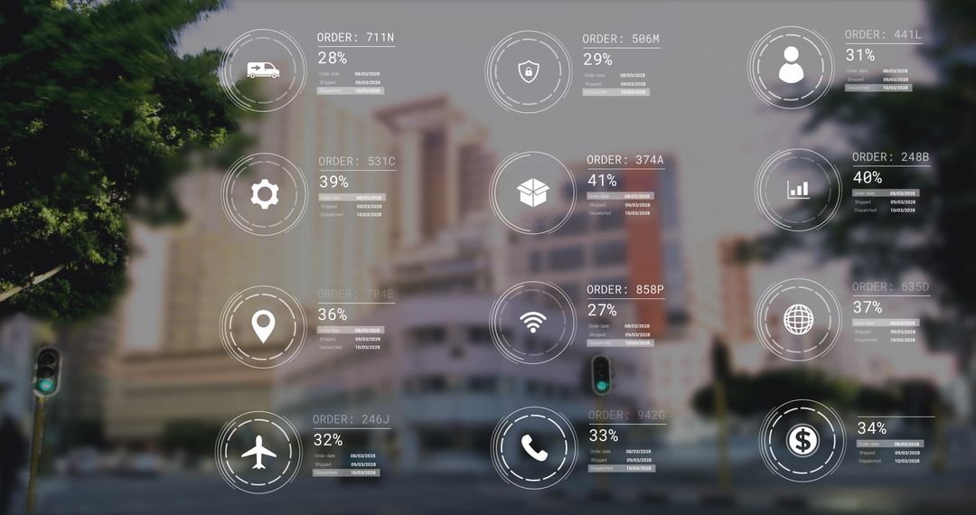 Futuristic Data Overlay on Urban Cityscape With Delivery Icons