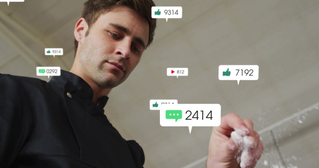 Tech-Savvy Man Engaging with Social Media Icons in Digital Space