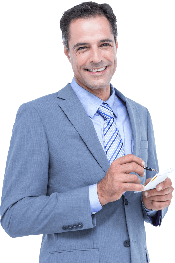 Transparent Portrait of Smiling Businessman Writing in Suit