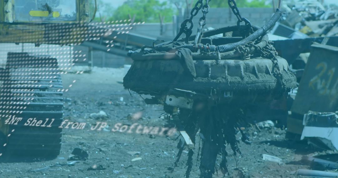 Industrial Electromagnet Hoisting Stained Engine at Salvage Yard