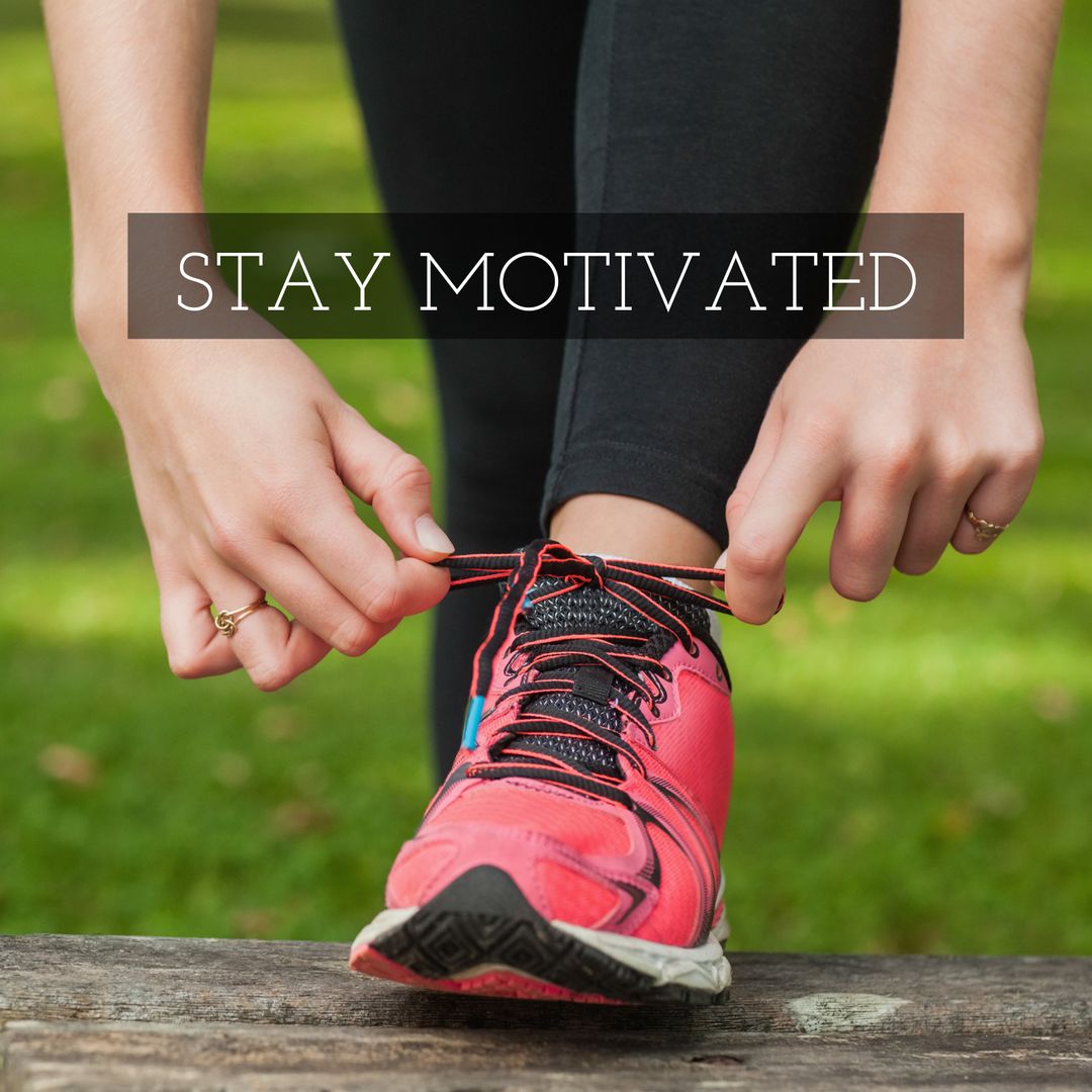 Close-Up of Runner Tying Bright on Outdoor Trail with Motivational Message