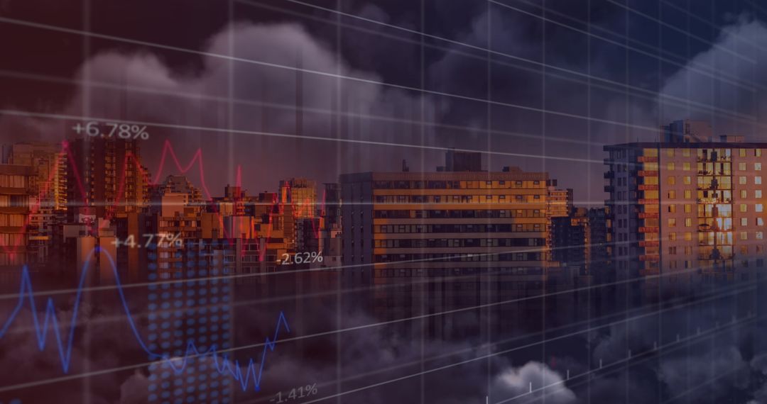 Cityscape with Financial Graphs Overlay Indicating Market Trends