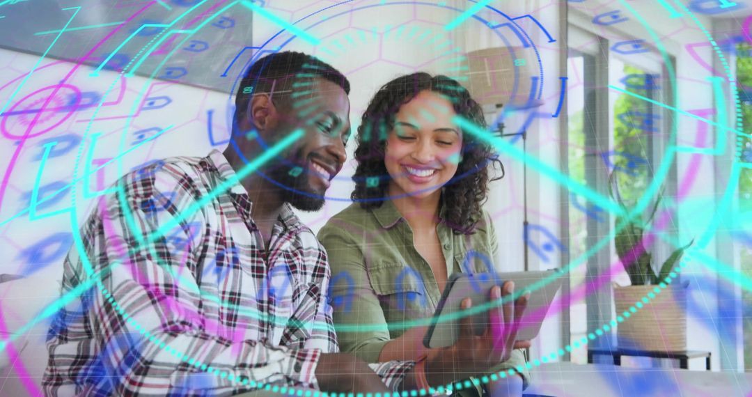 Couple smiling and sharing tablet with futuristic HUD overlay for smart home collaboration