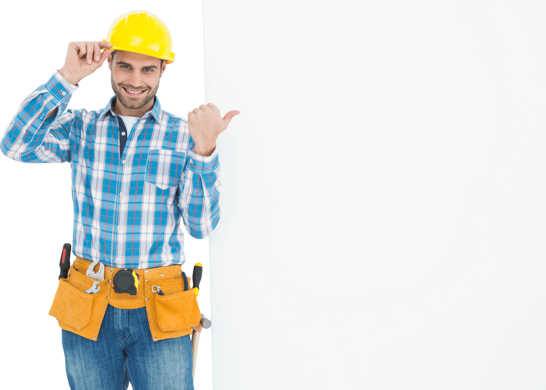 Smiling Repairman Pointing at Blank Transparent Billboard