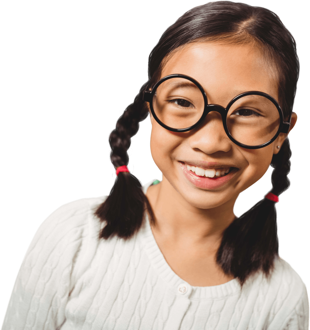 Adorable Girl in Glasses Smiling with Transparent Background