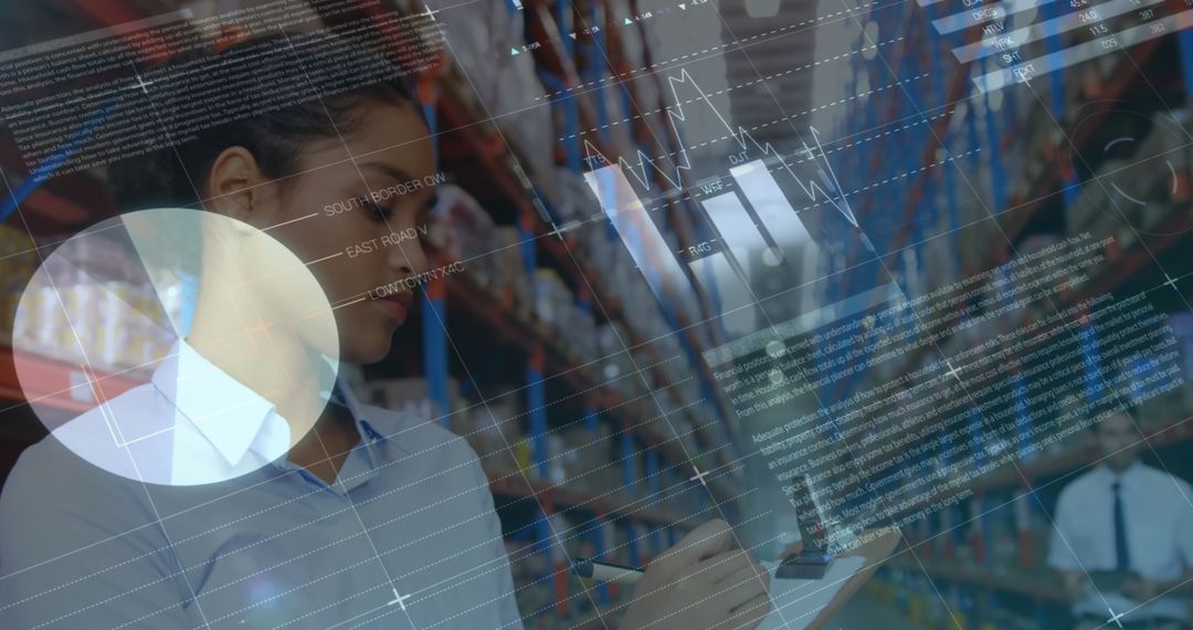Warehouse Data Processing Overlay with Woman Logging Inventory