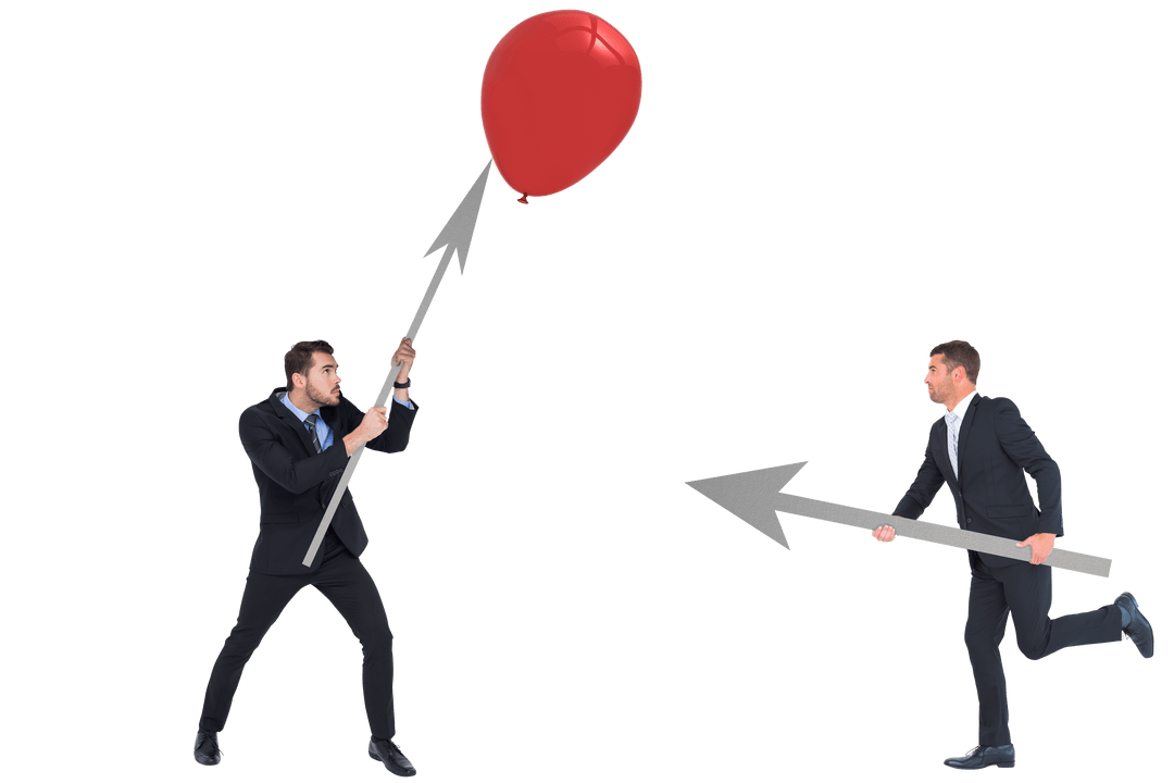 Businessmen Battling with Oversized Arrows on Transparent Background