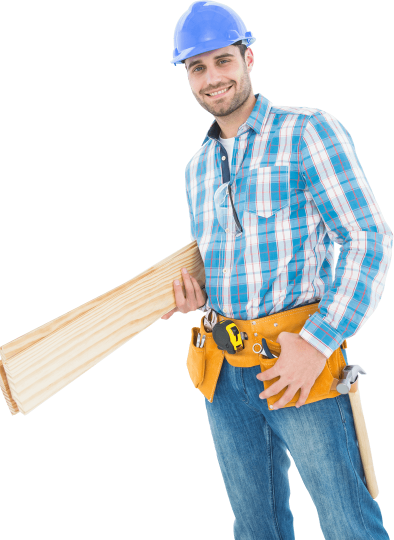 Transparent Smiling Construction Worker Holding Wooden Planks