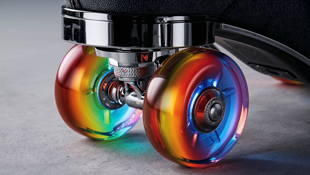 Iridescent Translucent Rainbow Skate Wheels featuring Chrome Truck and Black Boot