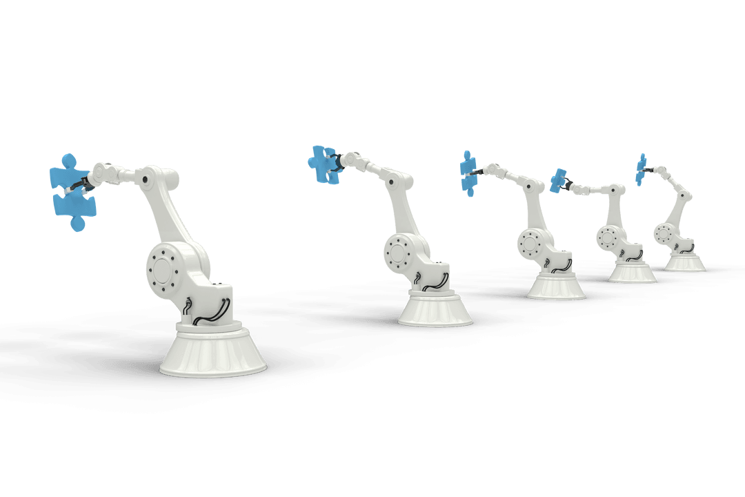 Transparent Robotic Arms Holding Blue Puzzle Pieces Vector Clipart