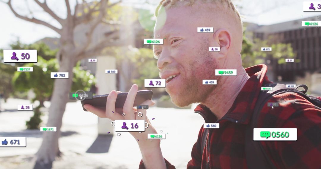 Man Connects with Augmented Reality Social Metrics Outdoors