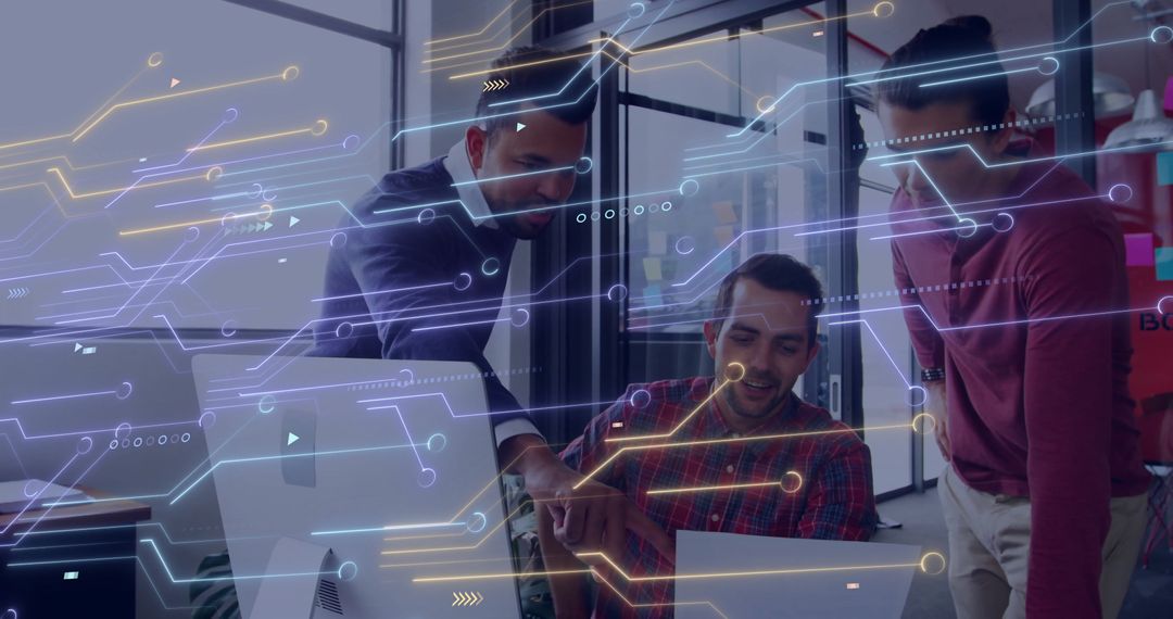 Colleagues Reviewing Code with Digital Circuit Overlay Illustration