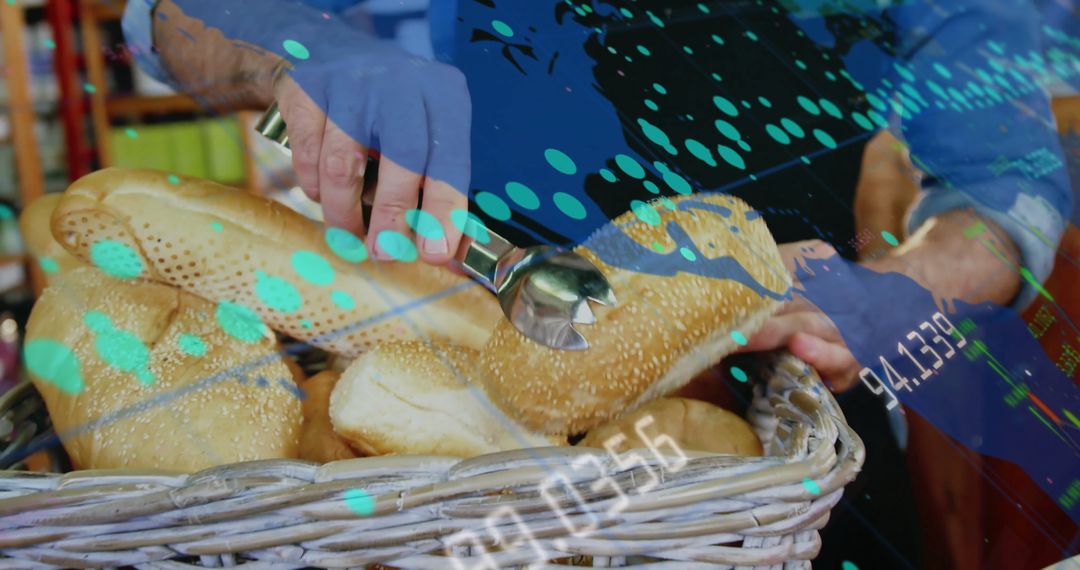 Bakery Worker Handling Fresh Bagels with Economic Indicator Overlay