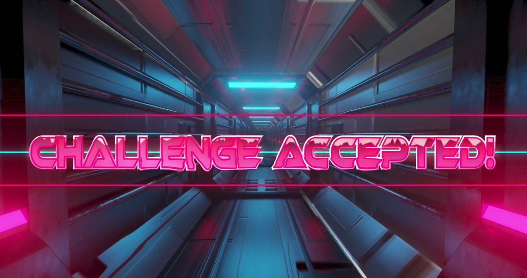 Neon Challenge Accepted Text on Futuristic Corridor Background