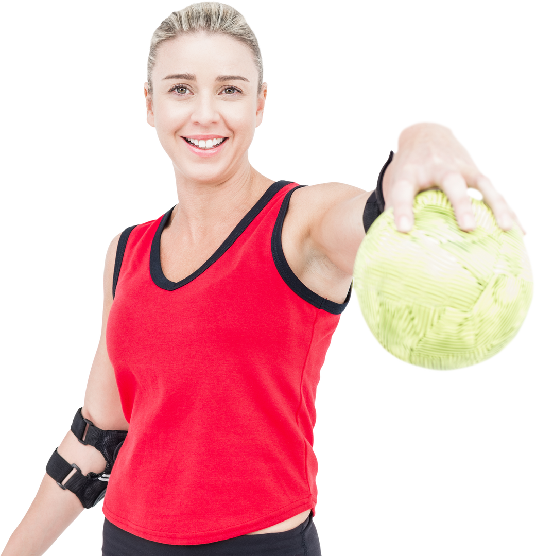 Transparent image of female athlete with elbow pad holding handball and smiling - Download Free Stock Images Pikwizard.com