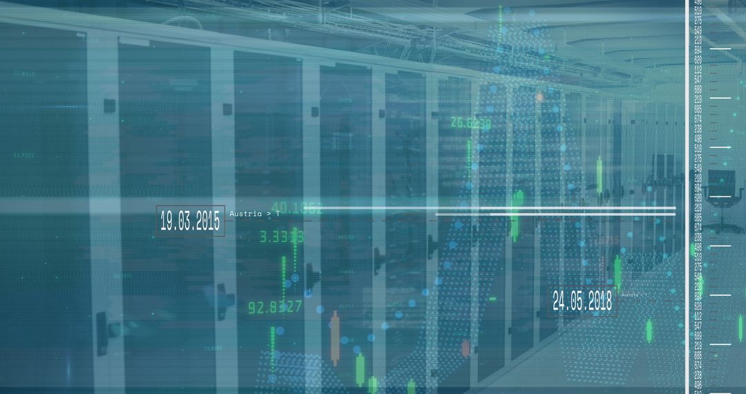 Futuristic Data Center Corridor with Digital Data Overlays
