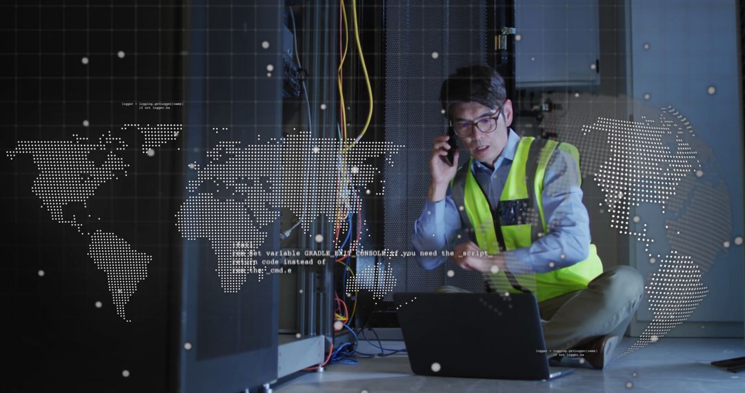 Technician Maintaining Servers with Digital Interface Overlay