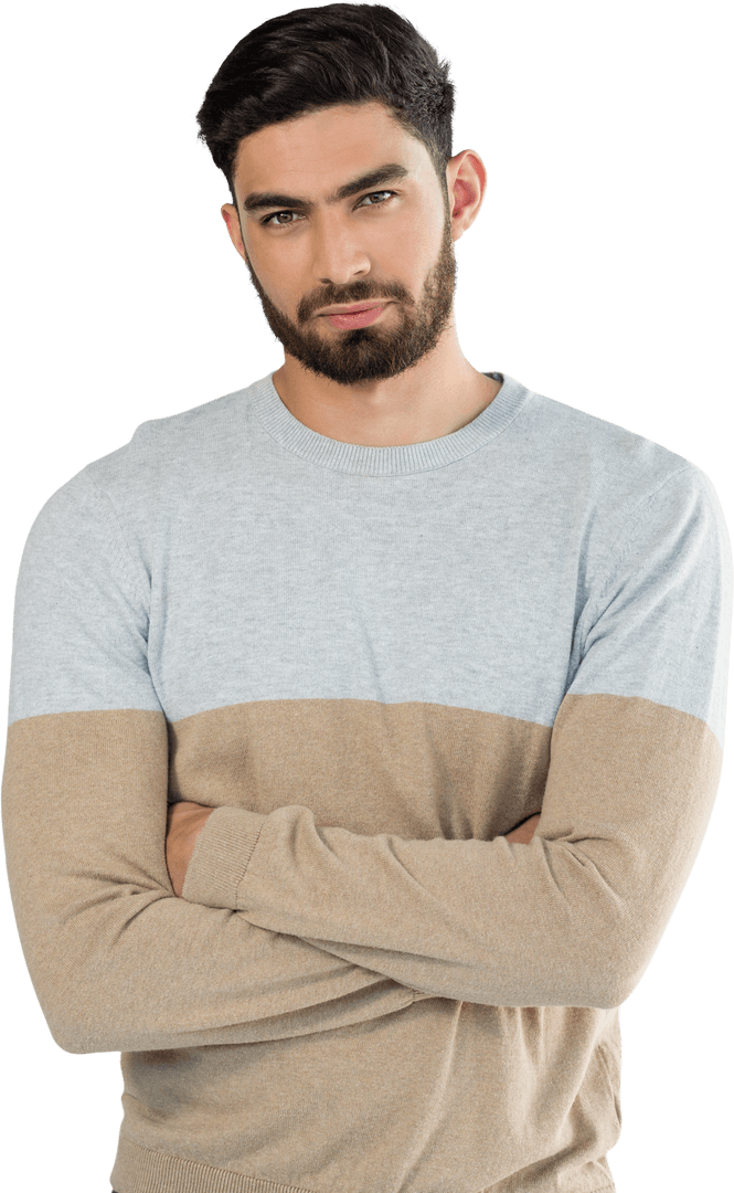 Confident Man Posing in Bicolor Sweater Transparent Background