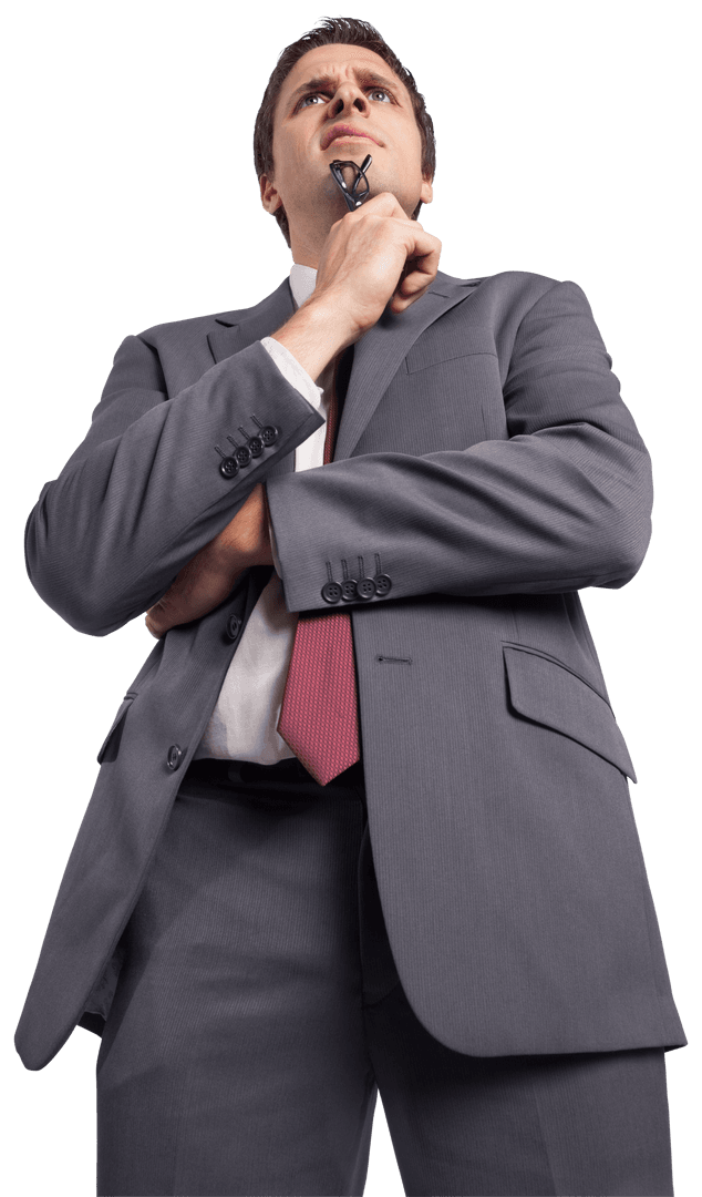 Confident Businessman in Thought Holding Glasses Transparent Image