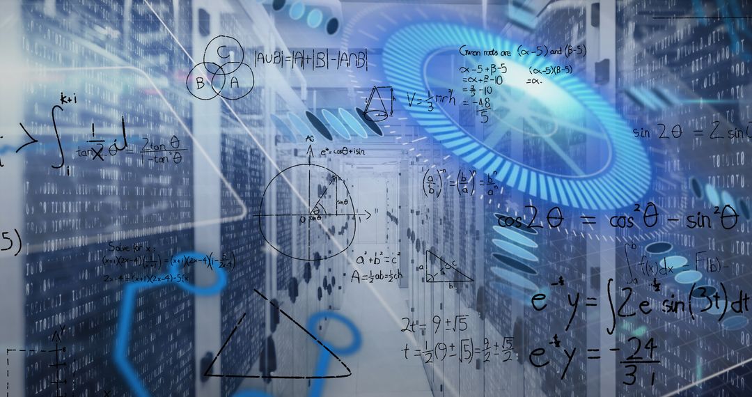 Digital Equations Overlaying Data Center Servers
