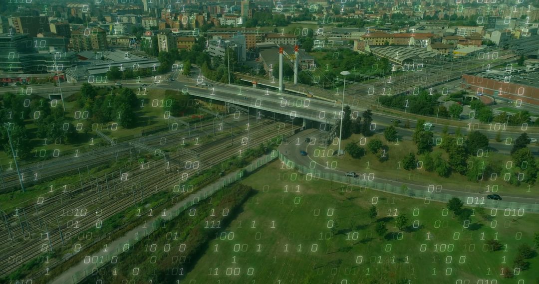 Aerial View of Railroad and Highway Network with Binary Overlay