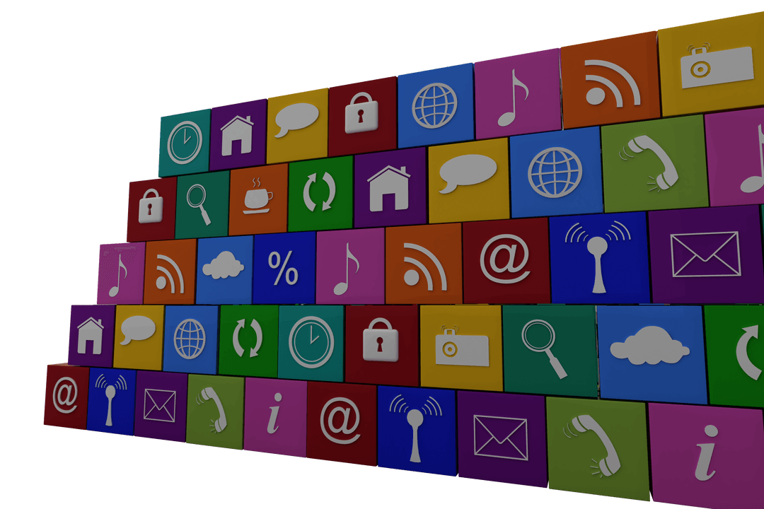 3D Digital Cubes with Network Symbols on Transparent Background