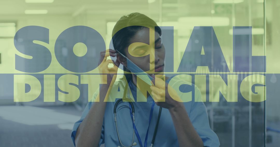 Medical Professional Adjusting Mask with Social Distancing Highlighted