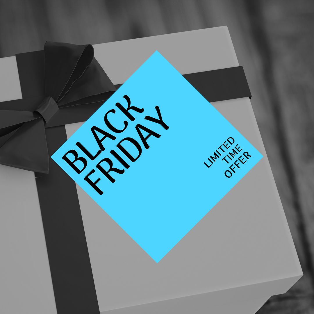 Black Friday Present Advertisement with Ribbon and Blue Offer Sign