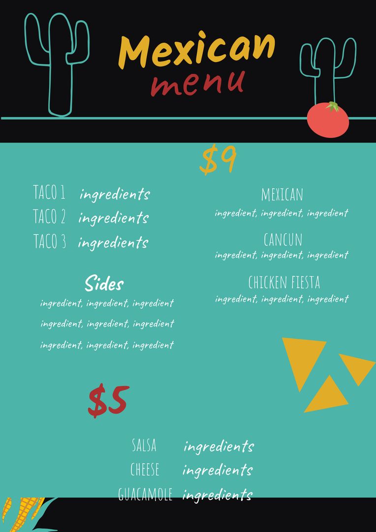 Vibrant Mexican Restaurant Menu Template with Cacti Illustrations
