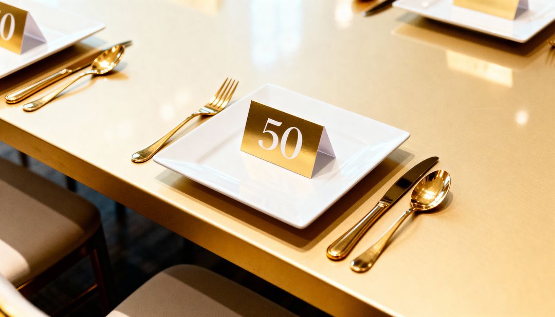 Elegant Banquet Place Setting with Gold Cutlery and Table Number 50 on Glossy Surface