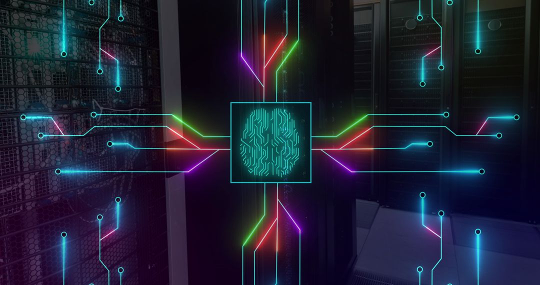 AI Brain Concept with Neon Circuitry in Server Room