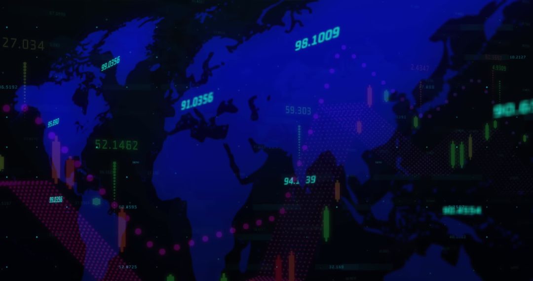 Futuristic Digital Global Map with Neon Data Metrics