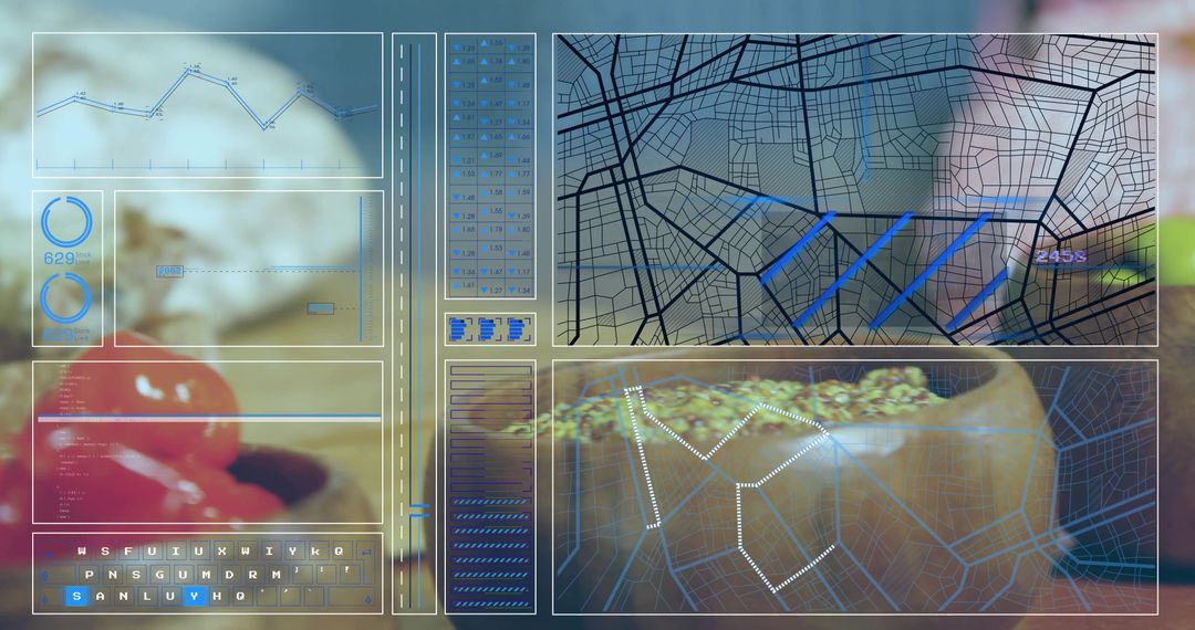 Futuristic Kitchen HUD Displaying Data Visualizations, Maps, Charts and Food Elements