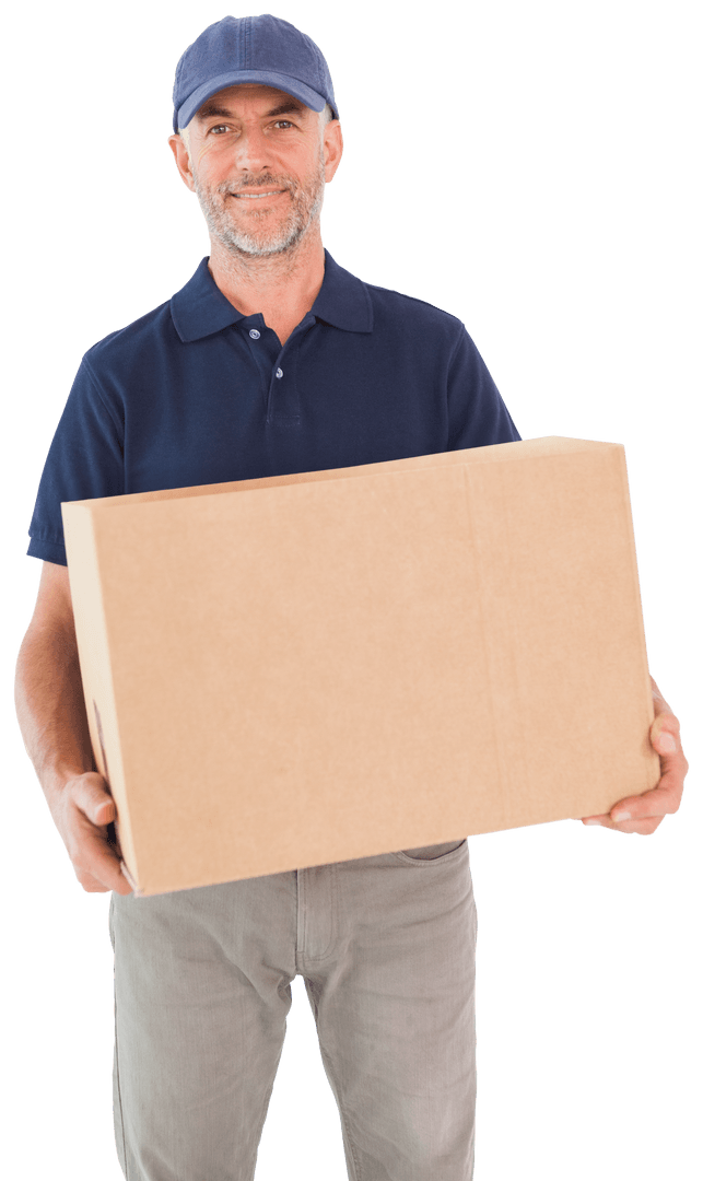 Transparent Happy Delivery Man Holding Cardboard Box for Fast Shipping
