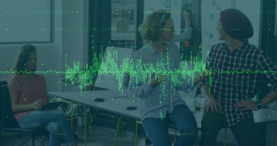 Diverse Colleagues Collaborating in Modern Office with Data Overlay