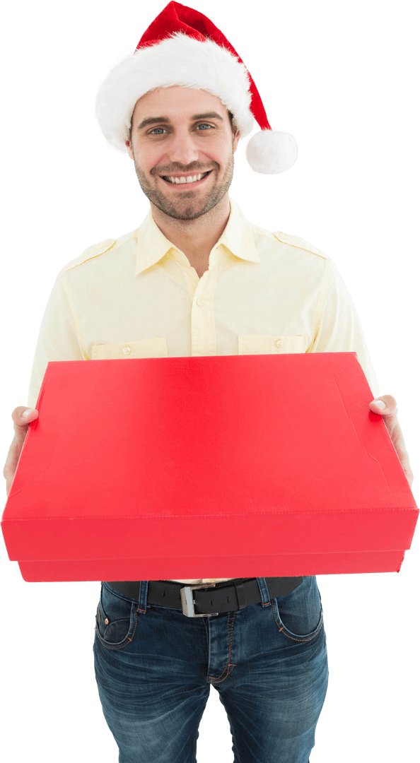 Smiling Man in Santa Hat Holding Transparent Red Gift Box