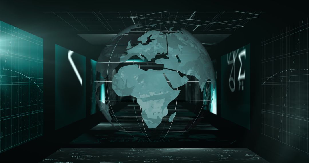 Spinning Globe with Math Equations in Digital Research Tunnel