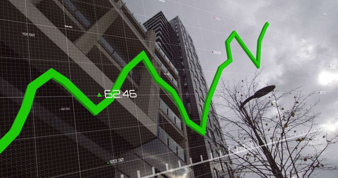 Financial Data Overlay on Modern Building Skyline