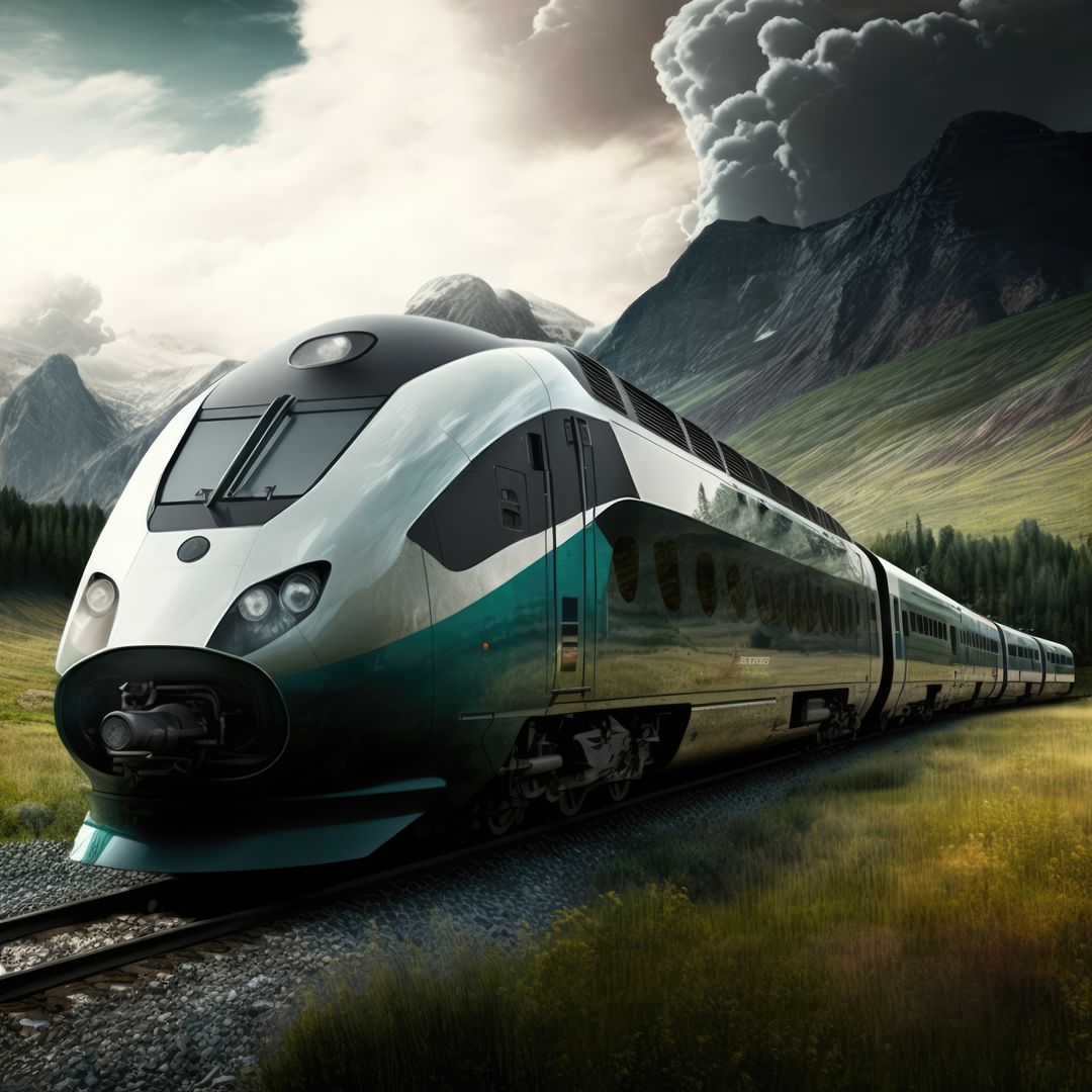 Image of modern train on tracks over mountains and clouds, created using generative ai technology - Free Images, Stock Photos and Pictures on Pikwizard.com