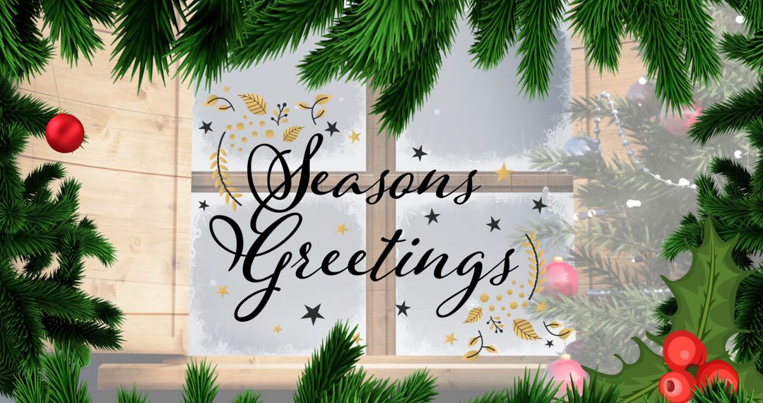 Season's Greetings Handwritten with Festive Greenery and Window