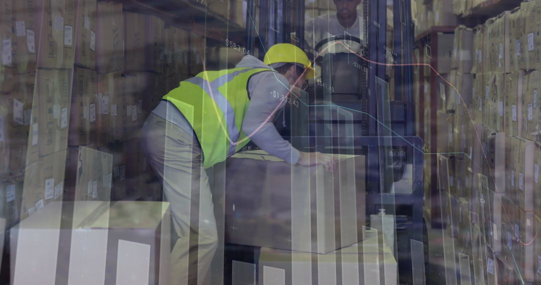 Warehouse Logistics Worker Stacking Boxes Amid Digital Data Overlay