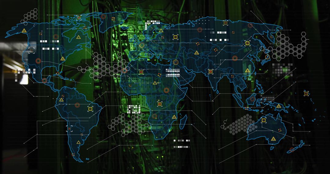 World Map with Data Points Overlaying High-Tech Server Room