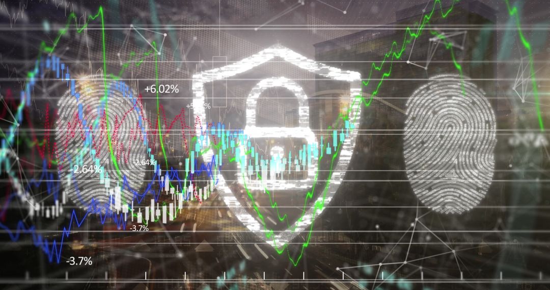 Security Shield with Stock Market Graphic Overlay and Fingerprints