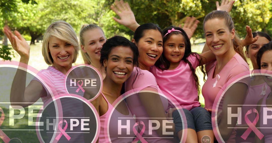 Happy Women Celebrating Breast Cancer Awareness in Park