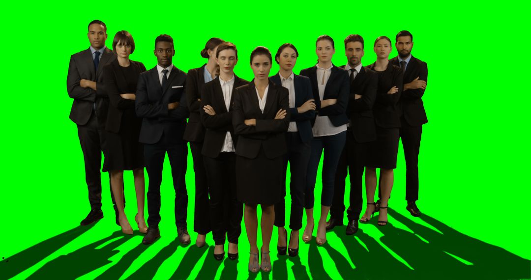 Professional Team Posing in Business Attire on Solid Green Background